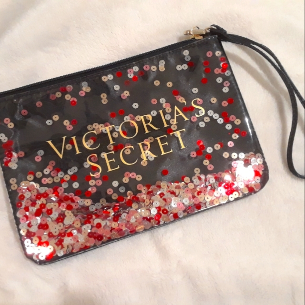 Victoria's Secret Floating Sequins Black Pink Red Gold Wristlet/Clutch NWOT